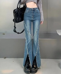 【サイズあり】ヴィンテージ ハイウェスト ストレッチ フリンジ フレア デニムパンツ