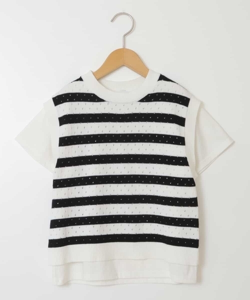 a.v.v（アーヴェヴェ）の「[100-130]【2点セット】アイレット柄ニットベストセット（ベスト・キッズ・アイボリー/ブラック・100/110/120/130）」の3枚目の写真