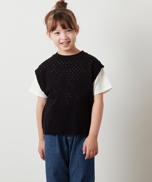 a.v.v（アーヴェヴェ）の「[100-130]【2点セット】アイレット柄ニットベストセット（ベスト・キッズ・アイボリー/ブラック・100/110/120/130）」の13枚目の写真