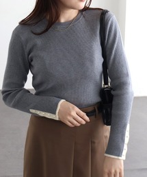 袖パールボタンリブニット クルーネック