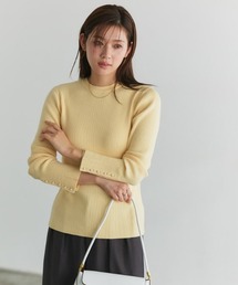 袖パールボタンリブニット クルーネック