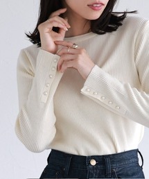 袖パールボタンリブニット クルーネック