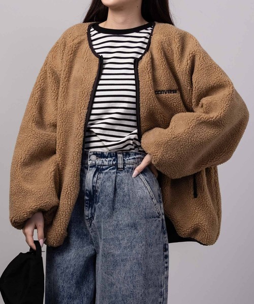 CONVERSE（コンバース）の「CONVERSE コンバース ノーカラーボアブルゾン（ノーカラージャケット・レディース・ブラック/ネイビー/キャメル/アイボリー/バーガンディー・M/L）」の4枚目の写真