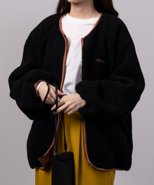 CONVERSE（コンバース）の「CONVERSE コンバース ノーカラーボアブルゾン（ノーカラージャケット・レディース・ブラック/ネイビー/キャメル/アイボリー/バーガンディー・M/L）」の3枚目の写真