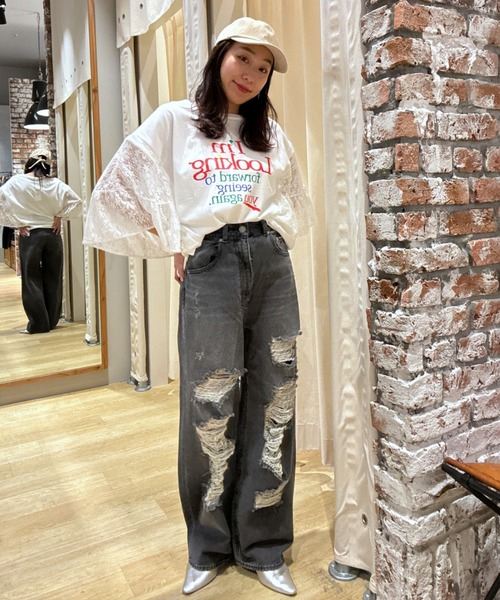 RODEO CROWNS WIDE BOWL（ロデオクラウンズワイドボウル）の「ドッキングレースラッフルTシャツ（Tシャツ/カットソー・レディース・オフホワイト/ブラック/グレー×ホワイト・FREE）」の22枚目の写真