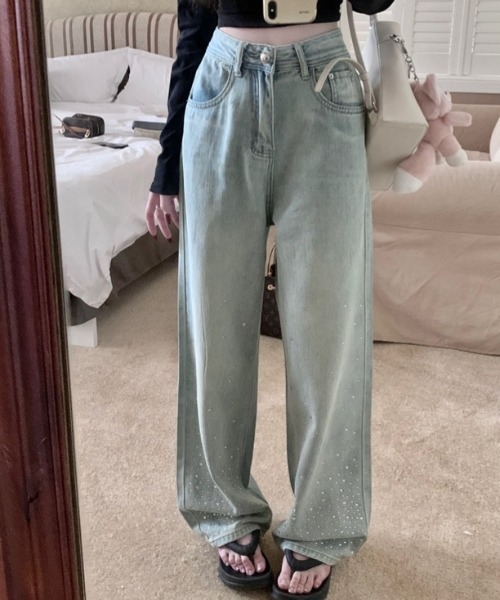 LADY LIKE(レディライク)の「ラインストーン付きハイウエストデニムパンツ(デニムパンツ・レディース・サックスブルー/ブルー・M/L/S)」の6枚目の写真