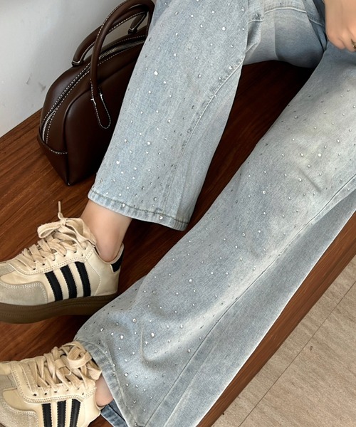 セール】ラインストーン付きハイウエストデニムパンツ（デニムパンツ