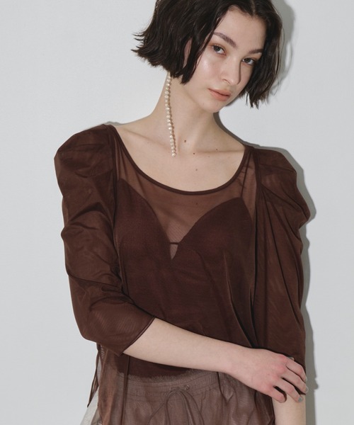 セール】6分袖タックパフスリーブチュールトップス（Tシャツ