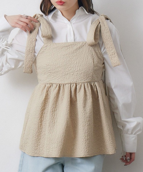 RETRO GIRL(レトロガール)の「肩リボンジャガードビスチェ(キャミソール・レディース・ブラック/ナチュラル/ベージュ・FREE)」の4枚目の写真