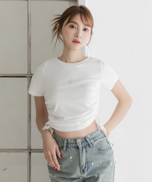 Julia Boutique(ジュリアブティック)の「ラインストーンロゴドロストギャザートップス/24093(Tシャツ/カットソー・レディース・ブラック/ホワイト・ONE)」の19枚目の写真