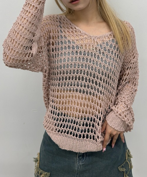 .KOM（ドットコム）の「A'GEM/9 × .kom 『.KOM/ドットケーオーエム』メッシュルーズニット（ニット/セーター・レディース・ブラック/カーキ/ホワイト/ピンク・FREE）」の4枚目の写真