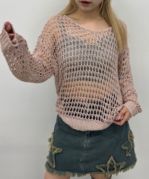 .KOM（ドットコム）の「A'GEM/9 × .kom 『.KOM/ドットケーオーエム』メッシュルーズニット（ニット/セーター・レディース・ブラック/カーキ/ホワイト/ピンク・FREE）」の5枚目の写真