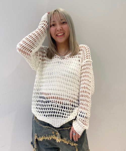 .KOM（ドットコム）の「A'GEM/9 × .kom 『.KOM/ドットケーオーエム』メッシュルーズニット（ニット/セーター・レディース・ブラック/カーキ/ホワイト/ピンク・FREE）」の15枚目の写真