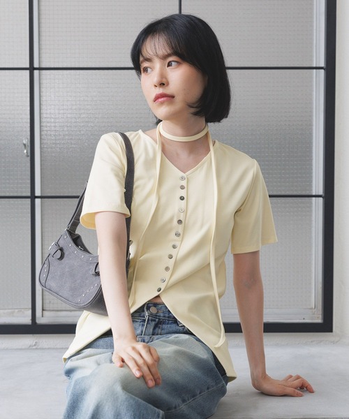 3.3 Field Trip （3.3フィールドトリップ）の「3.3 Field Trip／マフラーツキボタンカーデ（Tシャツ/カットソー・レディース・ブラック/アイボリー/カーキ・FREE）」の2枚目の写真