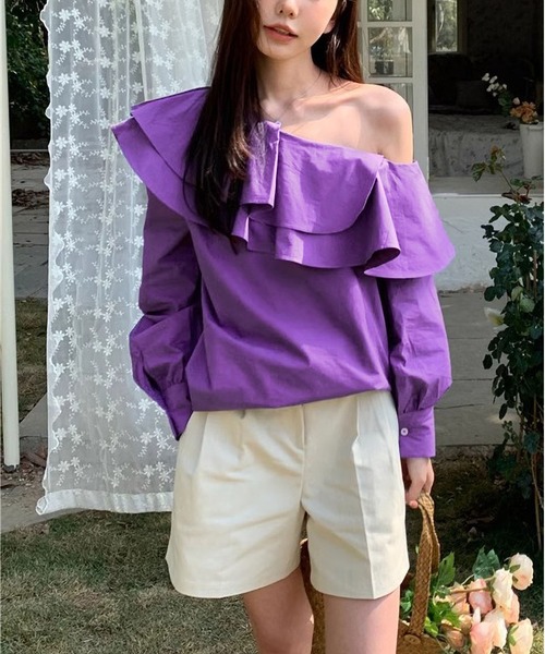 MAISON DE THERESE（メゾン ド テレーズ）の「フレンチレトロ不規則斜め肩二重フリルスリーブシャツ（シャツ/ブラウス・レディース・ホワイト/パープル・S/M/L）」の19枚目の写真