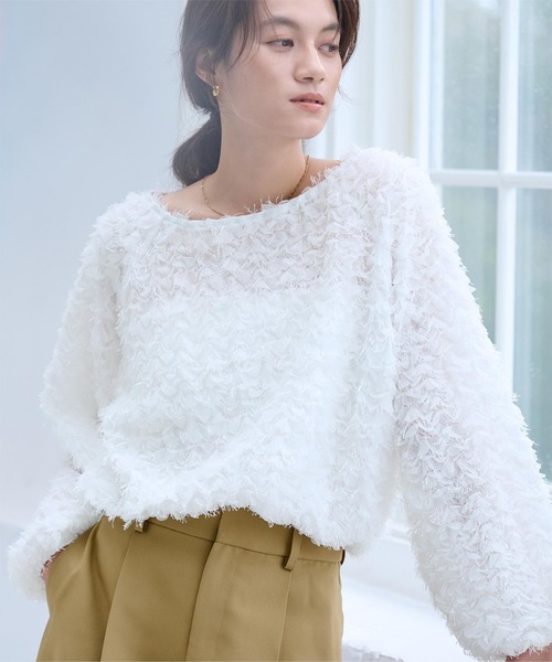 売り切れました。フリンジカットソー セール】フリルフリンジボートネックトップス（Tシャツ/カットソー