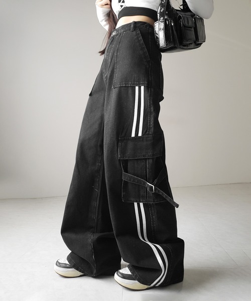 3color ／ 4size 】サイドラインストレートカーゴデニムパンツ