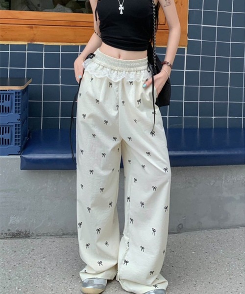 Teem Store(チームストア)の「リボン柄ウエストレースリボンパンツ イージーパンツ(その他パンツ・レディース・ブラック/ホワイト・M/L)」の3枚目の写真
