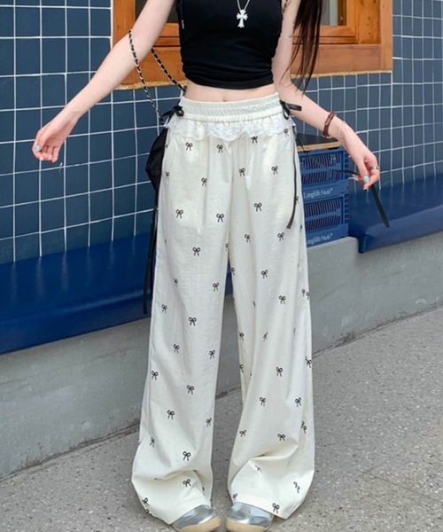 Teem Store(チームストア)の「リボン柄ウエストレースリボンパンツ イージーパンツ(その他パンツ・レディース・ブラック/ホワイト・M/L)」の5枚目の写真