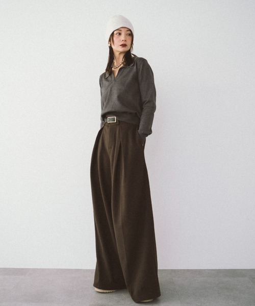 HANNE(アン)の「クロスタックワイドパンツ(チノパンツ・レディース・ブラウン/グレー・FREE)」の5枚目の写真