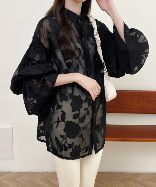 前後2WAYフレア袖シアージャガードシャツブラウス(シャツ/ブラウス)|Diosfront(ディオスフロント) 前後2WAYフレア袖シアージャガードシャツブラウス(シャツ/ブラウス)|Diosfront(ディオスフロント)