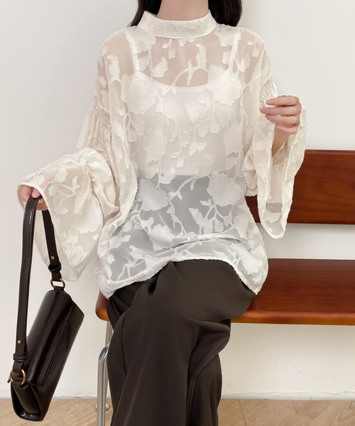 前後2WAYフレア袖シアージャガードシャツブラウス(シャツ/ブラウス)|Diosfront(ディオスフロント) 前後2WAYフレア袖シアージャガードシャツブラウス(シャツ/ブラウス)|Diosfront(ディオスフロント)