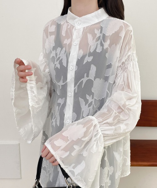 前後2WAYフレア袖シアージャガードシャツブラウス(シャツ/ブラウス)|Diosfront(ディオスフロント) 前後2WAYフレア袖シアージャガードシャツブラウス(シャツ/ブラウス)|Diosfront(ディオスフロント)