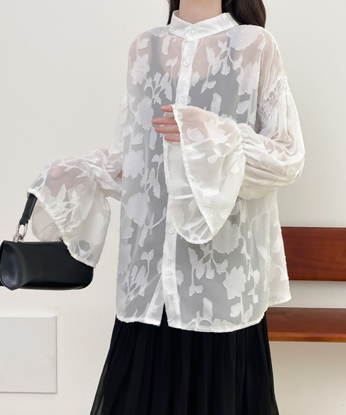 前後2WAYフレア袖シアージャガードシャツブラウス(シャツ/ブラウス)|Diosfront(ディオスフロント) 前後2WAYフレア袖シアージャガードシャツブラウス(シャツ/ブラウス)|Diosfront(ディオスフロント)