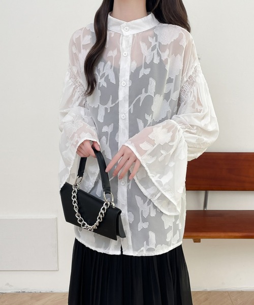 前後2WAYフレア袖シアージャガードシャツブラウス(シャツ/ブラウス)|Diosfront(ディオスフロント) 前後2WAYフレア袖シアージャガードシャツブラウス(シャツ/ブラウス)|Diosfront(ディオスフロント)