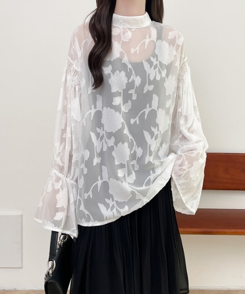 前後2WAYフレア袖シアージャガードシャツブラウス(シャツ/ブラウス)|Diosfront(ディオスフロント) 前後2WAYフレア袖シアージャガードシャツブラウス(シャツ/ブラウス)|Diosfront(ディオスフロント)