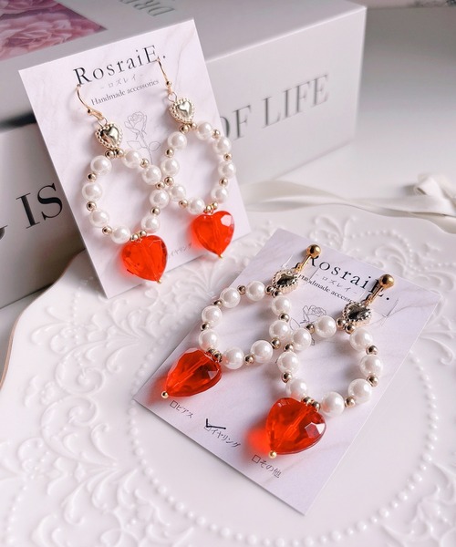 tone(トーン)の「【RosraiE】レッドハート サークルパール ピアス(MA)(ピアス(両耳用)・レディース・ゴールド・FREE)」の1枚目の写真