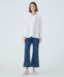 MACPHEE マカフィー シャツ ブルー サイズ:36(9号) | 25春夏 コットン タイプライター プルオーバー シャツ / ブラウス | 長袖 フリルカラー ストライプ柄 | トップス カットトップス | 日本製【レディース】【中古】 MACPHEE（マカフィー） ブラウス シャツ コットンブロード ドルマン