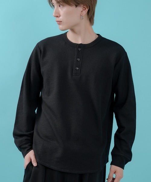 SIDEWAY STANCE(サイドウェイスタンス)の「【SIDEWAY STANCE】ワッフル ヘンリー ネック 長袖Tシャツ(Tシャツ/カットソー・メンズ・ホワイト/ブラック/杢グレー・X-LARGE/LARGE/MEDIUM/SMALL)」の2枚目の写真