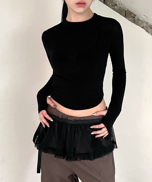 デイリー 指穴 ラウンドヘム 長袖 クロップド カットソー（Tシャツ