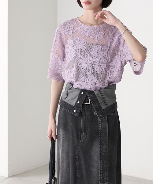 forksy.】フラワーコードデザイン メッシュ半袖Tシャツ forksy