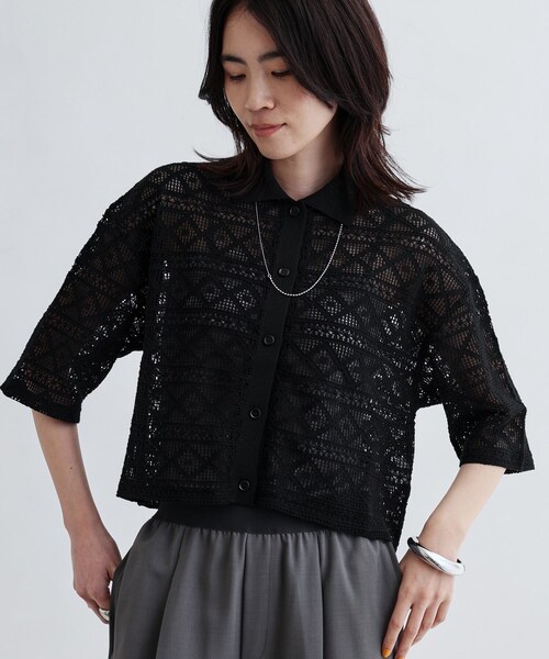 GALLEST(ギャレスト)の「ハーフスリーブレースポロ(シャツ/ブラウス・レディース・ブラック/オフホワイト・38)」の2枚目の写真