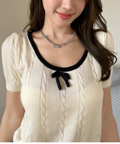 Ada.(エイダ)の「パイピングデザイン リボン ケーブル 半袖サマーニット(ニット/セーター・レディース・ダークグレー/アイボリー/ブラック・FREE)」の16枚目の写真