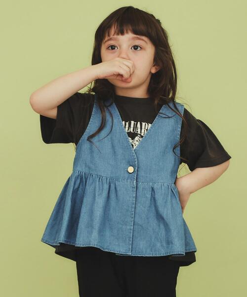 THE SHOP TK (ザ ショップ ティーケー )の「◆【120-150】ペプラムライトデニムジレ/洗濯機OK・ママとおそろい(ベスト・キッズ・サックスブルー/ネイビー・15 /13/14/12)」の1枚目の写真