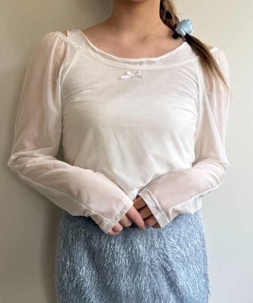 hugi（ハギ）の「RIBBON TULLE TOPS/リボンチュールトップス（アンサンブル・レディース・オフホワイト/ブラック・FREE）」の8枚目の写真