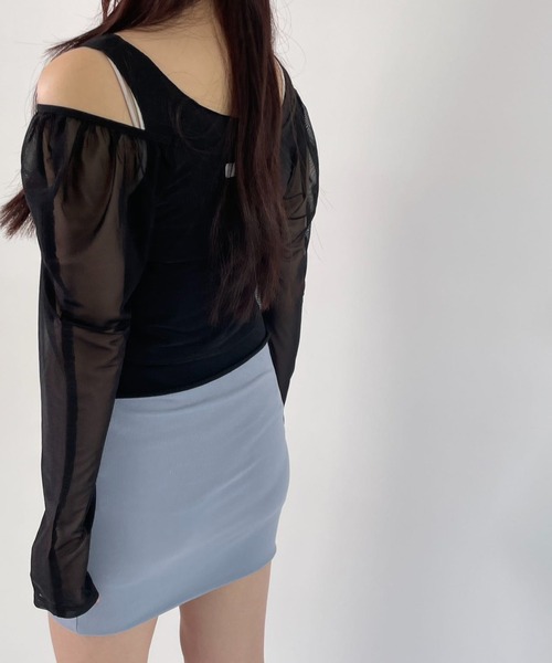 hugi（ハギ）の「RIBBON TULLE TOPS/リボンチュールトップス（アンサンブル・レディース・オフホワイト/ブラック・FREE）」の4枚目の写真