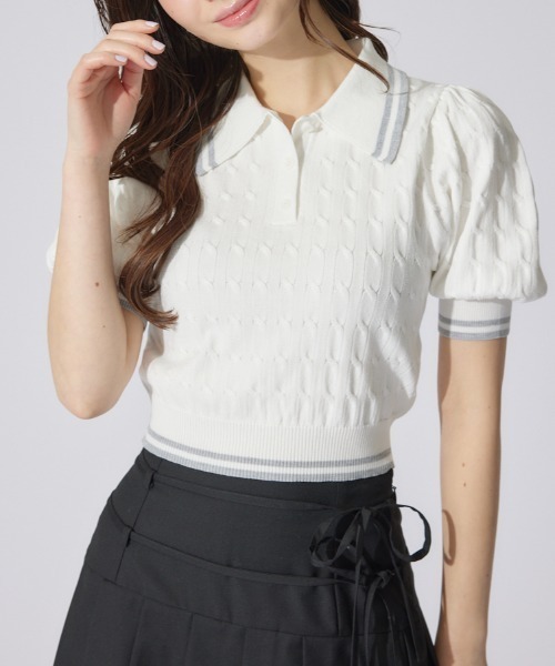 rienda(リエンダ)の「ポロデザインニットトップス 夏服 半袖 サマーニット(ニット/セーター・レディース・ブルー/ブラック/ホワイト・FREE)」の1枚目の写真