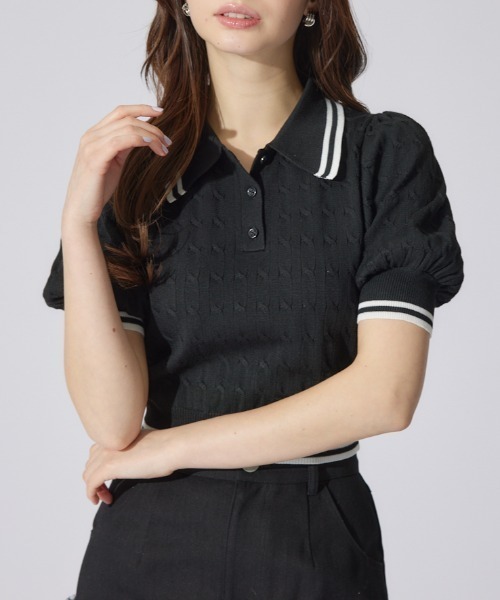 rienda(リエンダ)の「ポロデザインニットトップス 夏服 半袖 サマーニット(ニット/セーター・レディース・ブルー/ブラック/ホワイト・FREE)」の2枚目の写真