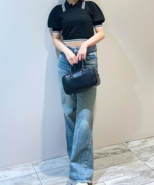 rienda(リエンダ)の「ポロデザインニットトップス 夏服 半袖 サマーニット(ニット/セーター・レディース・ブルー/ブラック/ホワイト・FREE)」の4枚目の写真