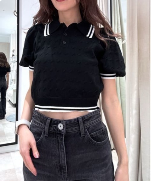 rienda(リエンダ)の「ポロデザインニットトップス 夏服 半袖 サマーニット(ニット/セーター・レディース・ブルー/ブラック/ホワイト・FREE)」の5枚目の写真