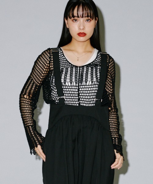 terrace(テラス)の「綿100% カギ針ロングスリーブプルオーバー(Tシャツ/カットソー・レディース・ブラック/キナリ・MEDIUM)」の2枚目の写真