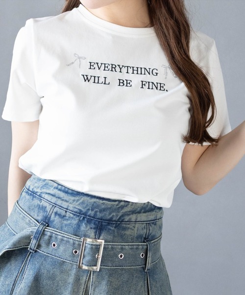 clear（クリア）の「ラインストーンリボンロゴTシャツ[大人 ガーリー バレエコア 着回し抜群]（Tシャツ/カットソー・レディース・ピンク/ブラック/オフホワイト・F）」の2枚目の写真