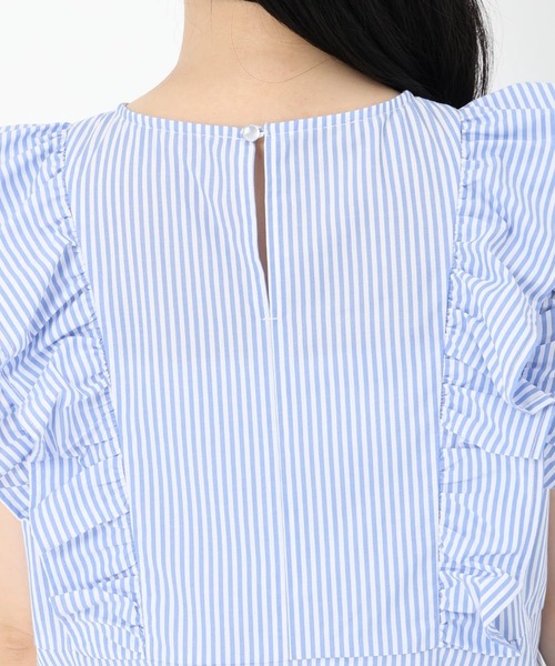 STRAWBERRY-FIELDS(ストロベリーフィールズ)の「シルキーストライプ_フリルスリーブペプラムブラウス(Tシャツ/カットソー・レディース・ネイビー系/ストライプ/ブラック・2)」の5枚目の写真