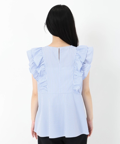 STRAWBERRY-FIELDS(ストロベリーフィールズ)の「シルキーストライプ_フリルスリーブペプラムブラウス(Tシャツ/カットソー・レディース・ネイビー系/ストライプ/ブラック・2)」の12枚目の写真