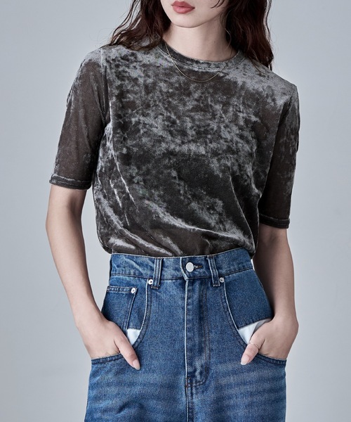 etoll.(エトル)の「シアーベロアハーフスリーブPO(Tシャツ/カットソー・レディース・ブラウン/アイボリー/ブラック/グレー・M)」の4枚目の写真