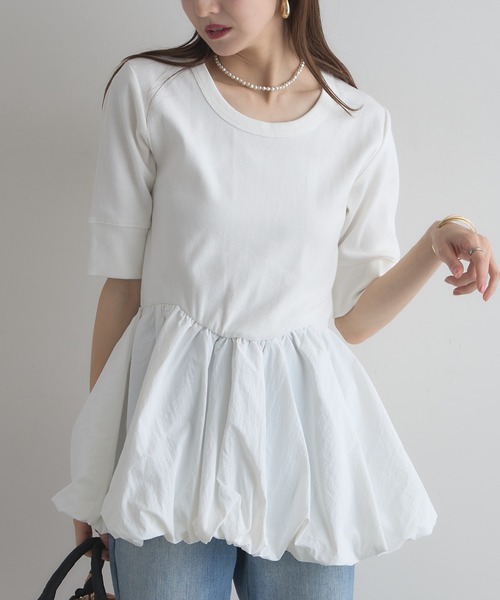 &. NOSTALGIA(アンドドットノスタルジア)の「【ZOZO限定】バルーンペプラム半袖トップス(Tシャツ/カットソー・レディース・ブラウン/オフホワイト・FREE)」の2枚目の写真